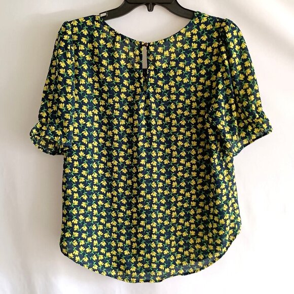 Lily White Navy Blue & Yellow Ditsy Floral Print S/S Poly Chiffon Blouse Shirt M - Picture 2 of 6